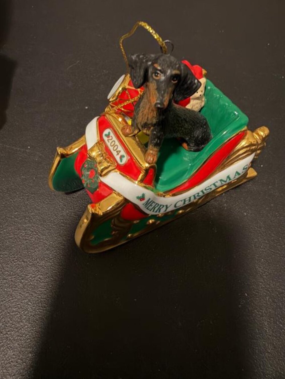 2004 Danbury Mint Black Dachshund in Sleigh Christmas Ornament W/Tag-LOT#21-32X